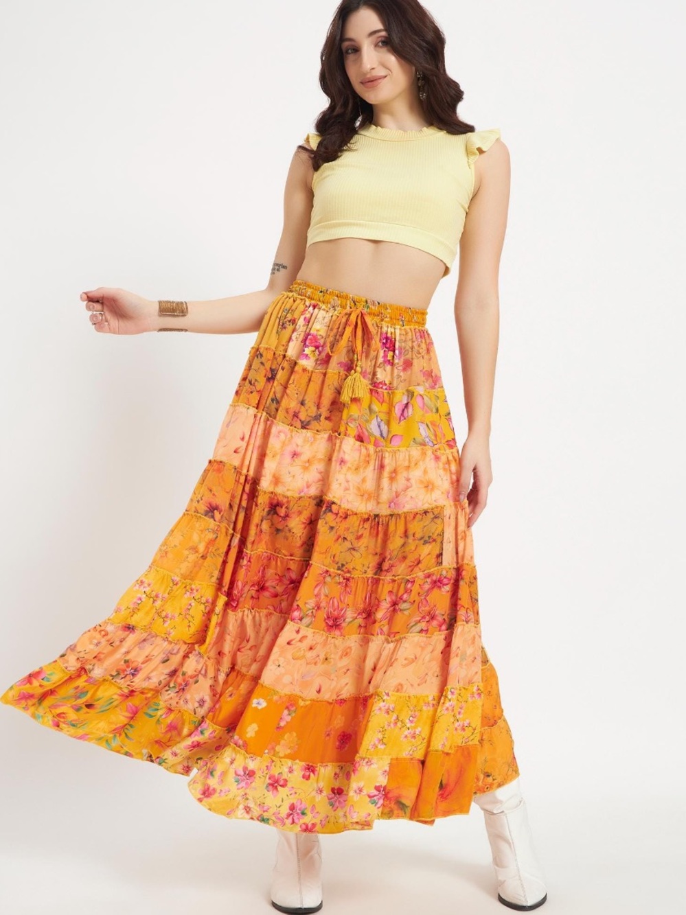 Boho Floral Tiered Maxi Skirt Orange Yellow Paisley Tassel Patchwork One Size